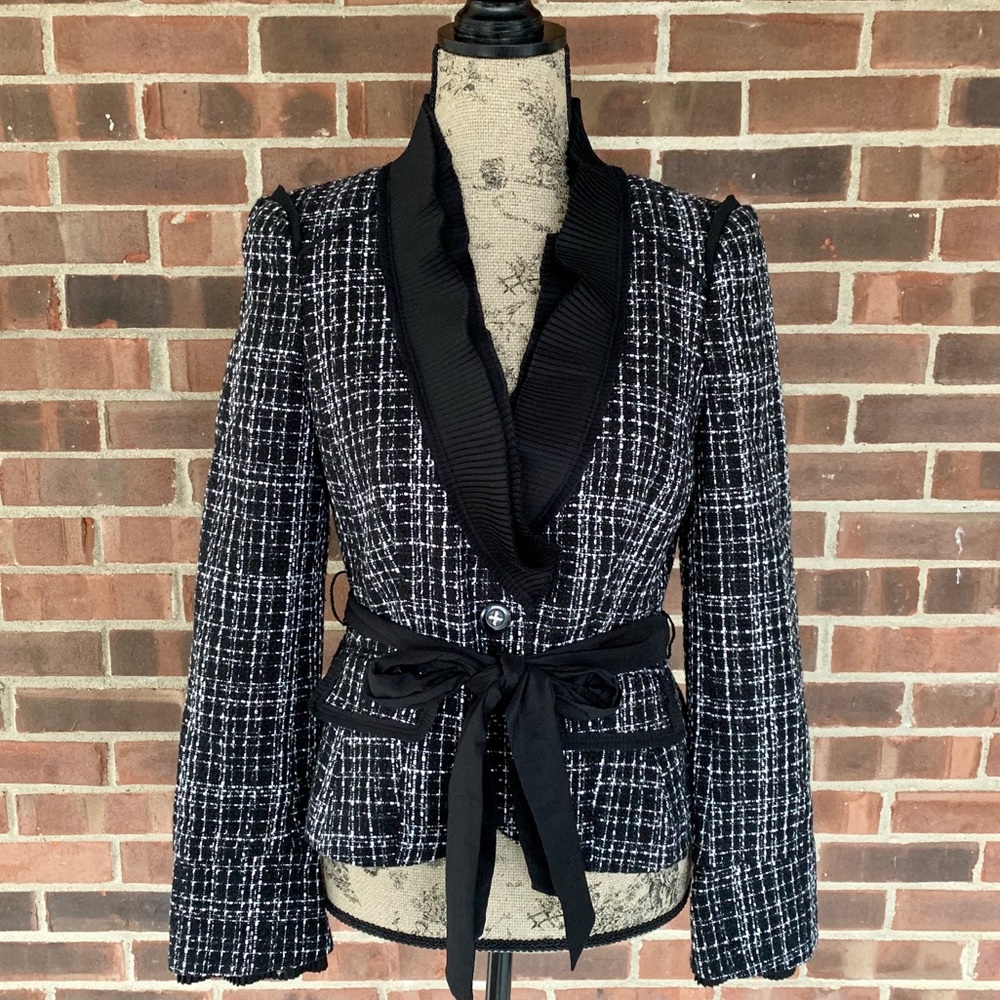 White House Black Market Black & White Tweed Belted Blazer